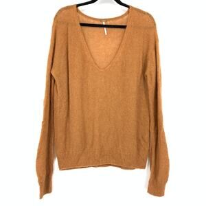 Free People Sweater Womens Oversized XS Brown Alpaca Wool Blend Deep V-Neck